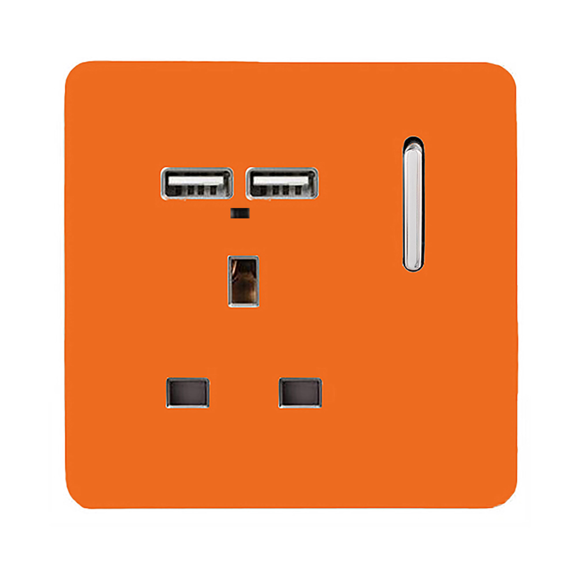 1 Gang Switched Single Socket 13A With 2 x USB-A 10W (Shared) With Neon Insert Orange